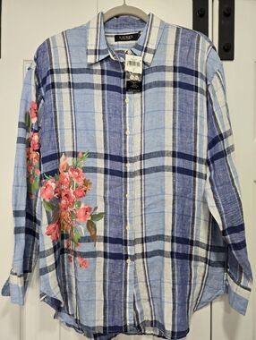 💖 Lauren Ralph Lauren Plaid Floral Linen Button Down Shirt